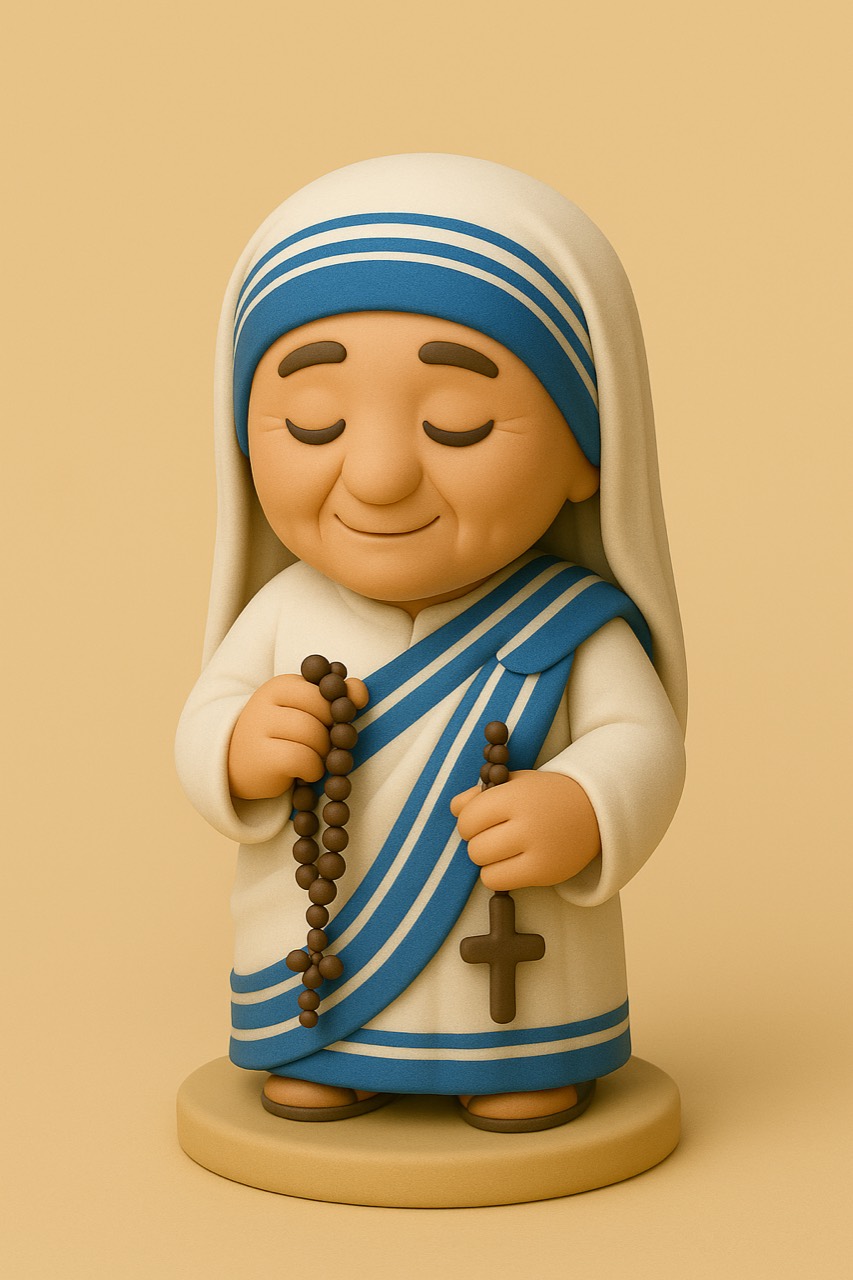 Devotional figure inspired by Mother Teresa in blue and white